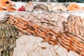 Fresh fish, cuttlefish and shrimp for sale at the fish market France. Seafood on ice on counter . healthy food Royalty Free Stock Photo