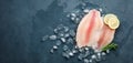 Fresh fish fillet of sea bass in ice on a dark slate background.