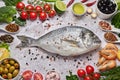 Fresh Fish Food background. Different seafood, shrimps and red caviar. Fish for cooking with herbs, vegetables and spices isolated Royalty Free Stock Photo