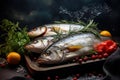 Fresh fish with herbs and spices on a dark background. Illustration of healthy food concept. Close-up photo of seafood. Generative Royalty Free Stock Photo