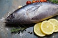 Fresh fish with herbs spices rosemary tomato and lemon - Raw fish seafood on black plate background , Longtail tuna , Eastern
