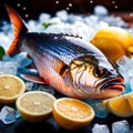 Fresh fish on ice with lemon wedges, seafod for sale cold for freshness