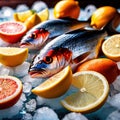 Fresh fish on ice with lemon wedges, seafod for sale cold for freshness