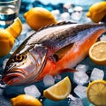 Fresh fish on ice with lemon wedges, seafod for sale cold for freshness