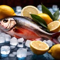 Fresh fish on ice with lemon wedges, seafod for sale cold for freshness