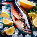 Fresh fish on ice with lemon wedges, seafod for sale cold for freshness
