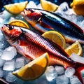 Fresh fish on ice with lemon wedges, seafod for sale cold for freshness