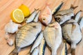 Fresh fish with lemon ready for cooking. Preparing delicious and tasty seafood meal. Uncooked Gilt-head sea bream, Sardines, Commo