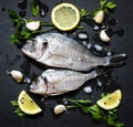 Fresh Fish Orata Over a Black stone with vegetables Royalty Free Stock Photo