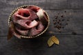 Fresh fish pieces in a bowl on the table Royalty Free Stock Photo