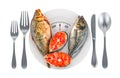 Fresh fish on the plate with weight scale. Healthy and dieting food. 3D rendering Royalty Free Stock Photo
