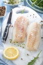 Fresh fish, raw cod fillets with addition of herbs and lemon. Royalty Free Stock Photo