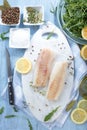 Fresh fish, raw cod fillets with addition of herbs and lemon. Royalty Free Stock Photo