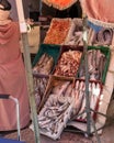 Fresh fish for sale in the Marrakesh Souk along one side of Jemaa el-Fnaa square and market place in Marrakesh`s medina quarter. Royalty Free Stock Photo