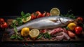 Fresh fish and seafood On black rustic background. Generative AI