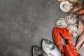 Fresh fish and seafood on grey table, flat lay. Space for text Royalty Free Stock Photo
