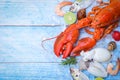 Fresh fish and seafood plate with Shellfish shrimps prawns crab shell squid octopus crab lobster and fish ocean gourmet dinner, Royalty Free Stock Photo