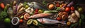 Fresh fish and seafood and vegetables arrangement. AI generative illustration Royalty Free Stock Photo