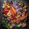Fresh fish and seafood and vegetables arrangement. AI generative illustration