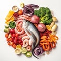 Fresh fish and seafood and vegetables round colorful arrangement composition. AI generative illustration