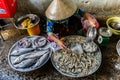 Fresh fish seller at Xom Chieu Market, Saigon, South of Vietnam Royalty Free Stock Photo