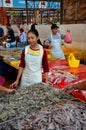 Fresh fish shrimp and prawns on display for sale at Satok Weekend wet market Kuching Malaysia