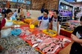 Fresh fish shrimp and prawns on display for sale at Satok Weekend wet market Kuching Malaysia