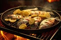 fresh fish sizzling on a boat grill with lemon slices