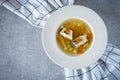 Fresh fish soup with pike perch and vegetables in a white plate Royalty Free Stock Photo