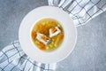 Fresh fish soup with pike perch and vegetables in a white plate Royalty Free Stock Photo