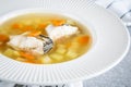 Fresh fish soup with pike perch and vegetables in a white plate Royalty Free Stock Photo