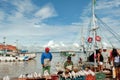 Fishermen selling fresh caught fish directly from boat in Belem, State Para on gateway to Amazon, Brazil