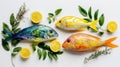 Fresh fish trio with aromatic herbs and lemon slices Royalty Free Stock Photo