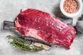 Fresh Flank or flap raw beef steak on wooden board with herbs. Gray background. Top view