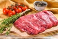 Fresh flank steak on a chopping Board. White background. Top view