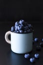 Fresh flavored blueberries in blue cup on a black background