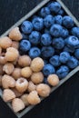 Fresh flavored blueberries and raspberries like a background in