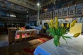 Klepsk, Poland - May 7, 2019: Fresh flowers on the altar of the Evangelical Church of the Blessed Virgin Mary. The church was