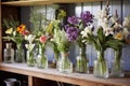 fresh flowers arranged in vases in various rooms