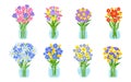 Fresh flowers bouquets glass jar water vector set Royalty Free Stock Photo