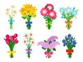 Fresh flowers bouquets. Summer bouquet set isolated, woman flowers gift, tulips and daisies, lilacs and daffodils spring