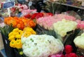 Fresh flowers at farmer market in France, Europe. Italian Spanish and French flowers. Street French market at Nice. Royalty Free Stock Photo