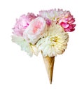 fresh flowers in a sweet waffle cone as ice cream isolated over white background, gift, summer or wedding decoration Royalty Free Stock Photo