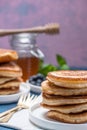 Fresh Fluffy Pancakes Stack on Plate. Copy Space