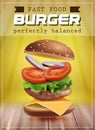 Fresh flying hamburger with ingredients. Poster design.