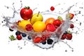 Fresh flying juicy berries and citrus fruits in drops and falling splashes