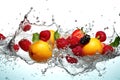 Fresh flying juicy berries and citrus fruits in drops and falling splashes Royalty Free Stock Photo