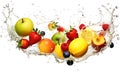 Fresh flying juicy berries and citrus fruits in drops and falling splashes