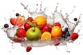 Fresh flying juicy berries and citrus fruits in drops and falling splashes Royalty Free Stock Photo