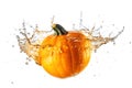 Fresh flying pumpkin in drops and falling splashes of clean water